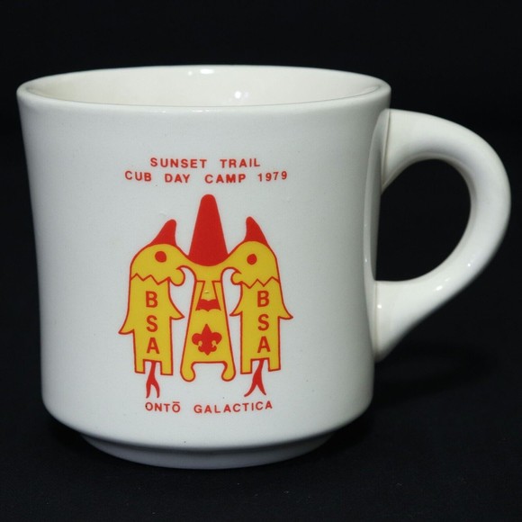 Boy Scouts VTG BSA Ceramic Mug Sunset Trail Cub Day Camp 1979 Onto Galactica Cup - Picture 1 of 6